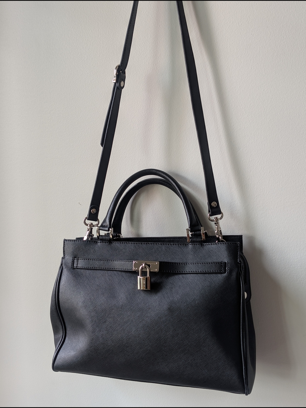 Danier Black Leather Satchel Bag with Padlock Accent